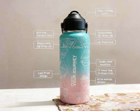 Your Journey Water Bottle with 64 Travel Stickers | Perfect Gift for Travelers 12 Water Bottle With + 64 National Stickers